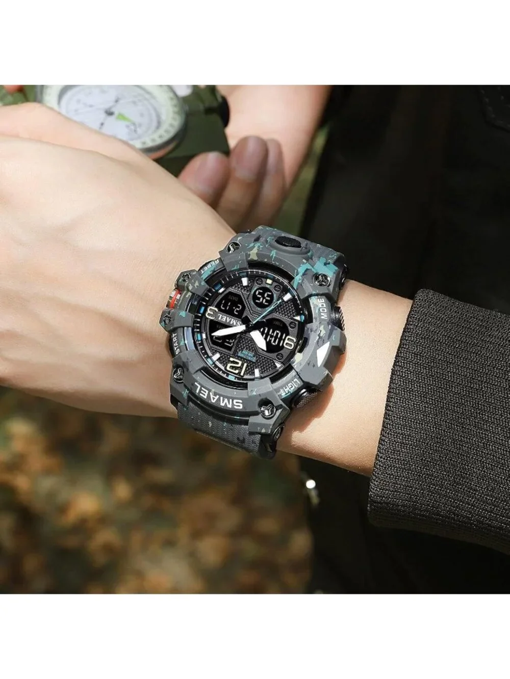 Mens Camo Grey Analog Quartz S-Shock Waterproof Outdoor Sports LED Digital Watch